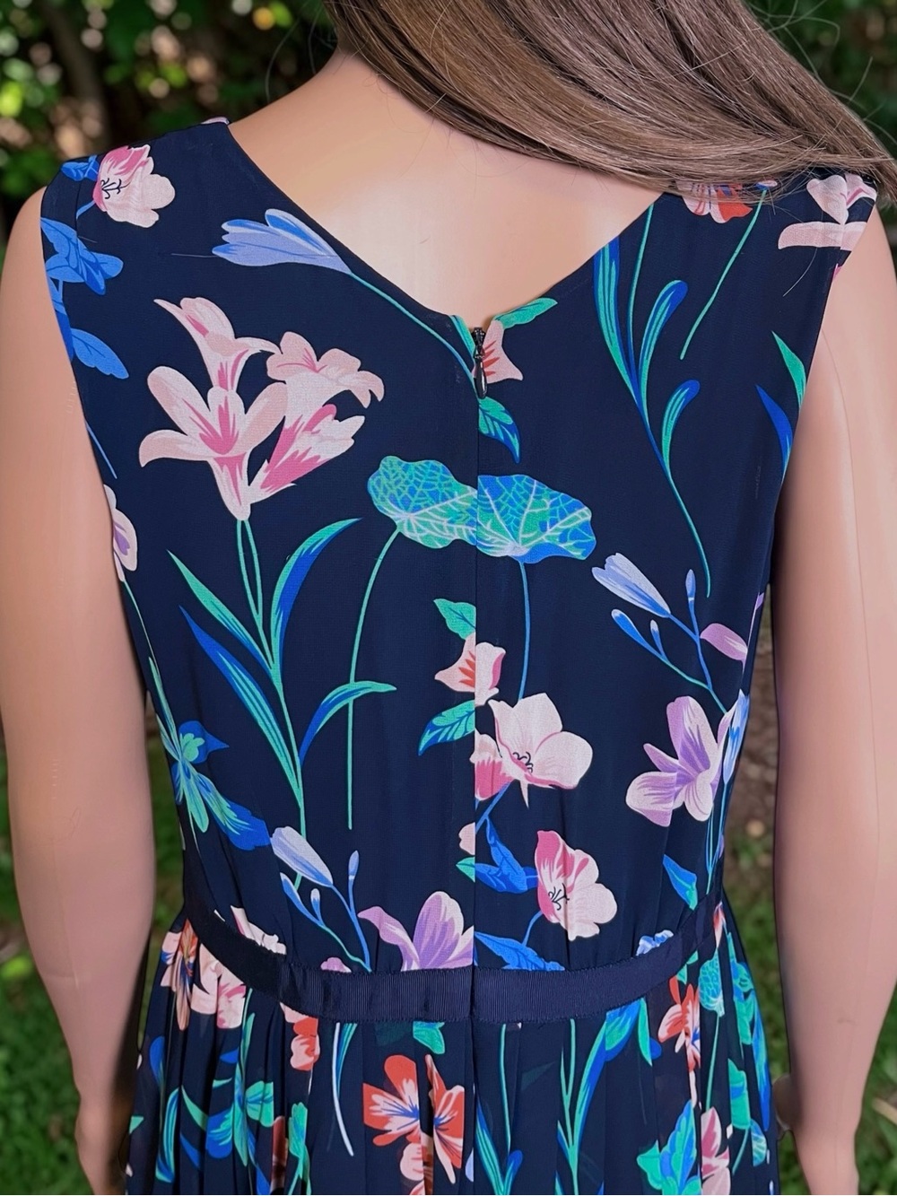 Talbots Navy Black Floral Midi Dress Size 6 Sleeveless Lined Sheer Overlay - Picture 6 of 6